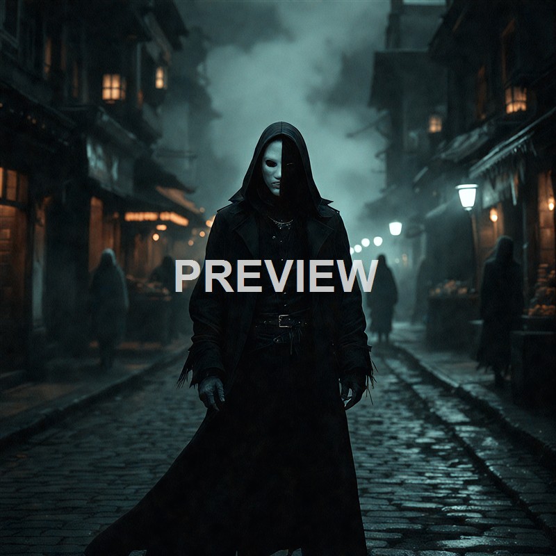 A person wearing a dark hooded coat and a half-white, half-black mask stands on a cobblestone street at night with a moody, foggy atmosphere, surrounded by dimly lit buildings and a few shadowy figures in the background.